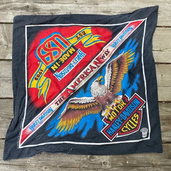 Vintage 90s Harley Davidson Bandana 'The American Way' Faded Eagle Black - Picture 1 of 6